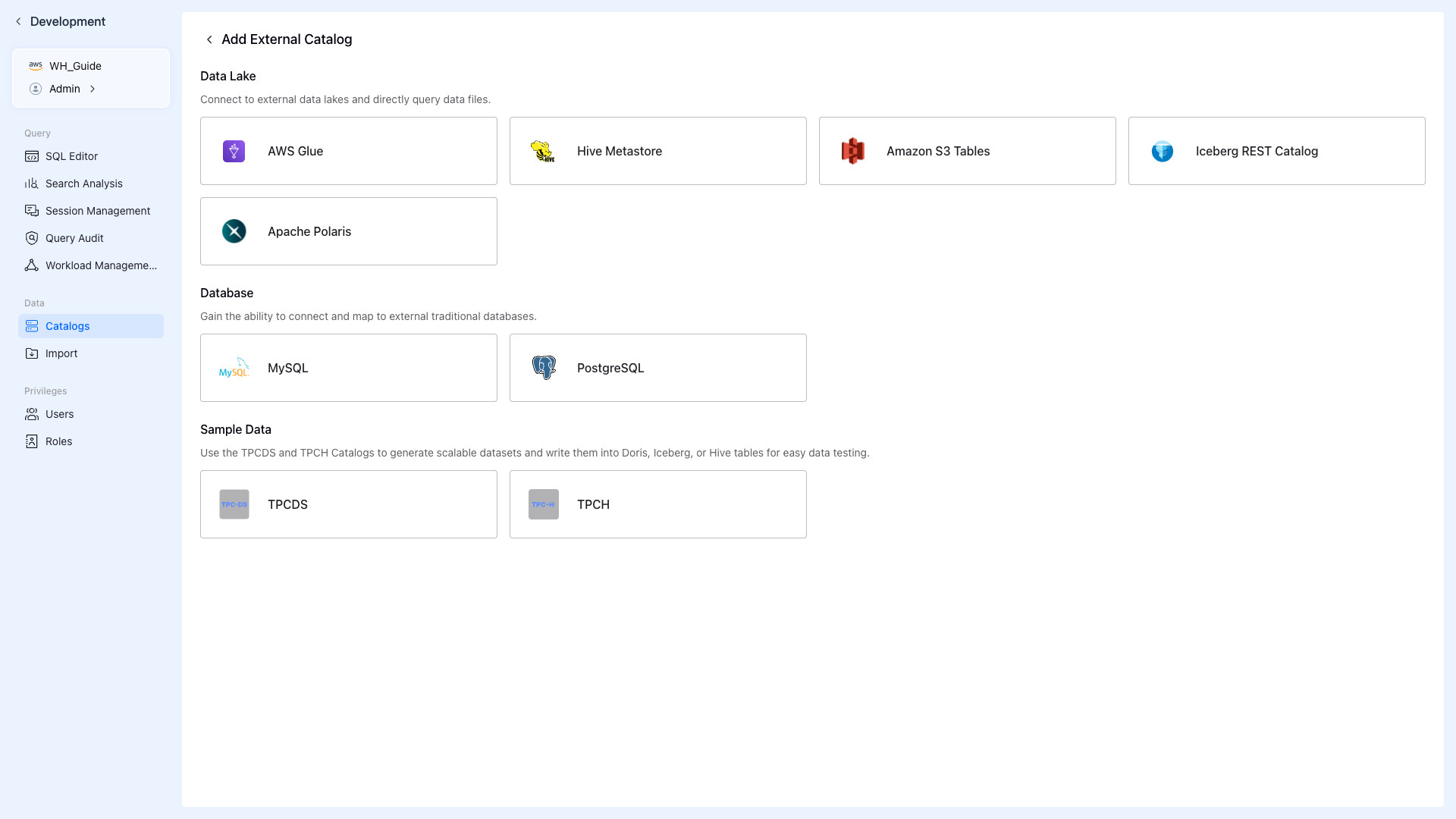 Add External Catalog Options