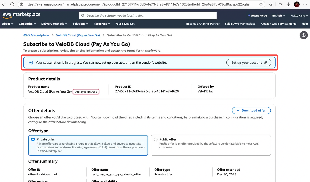 aws marketplace private offer subscribed