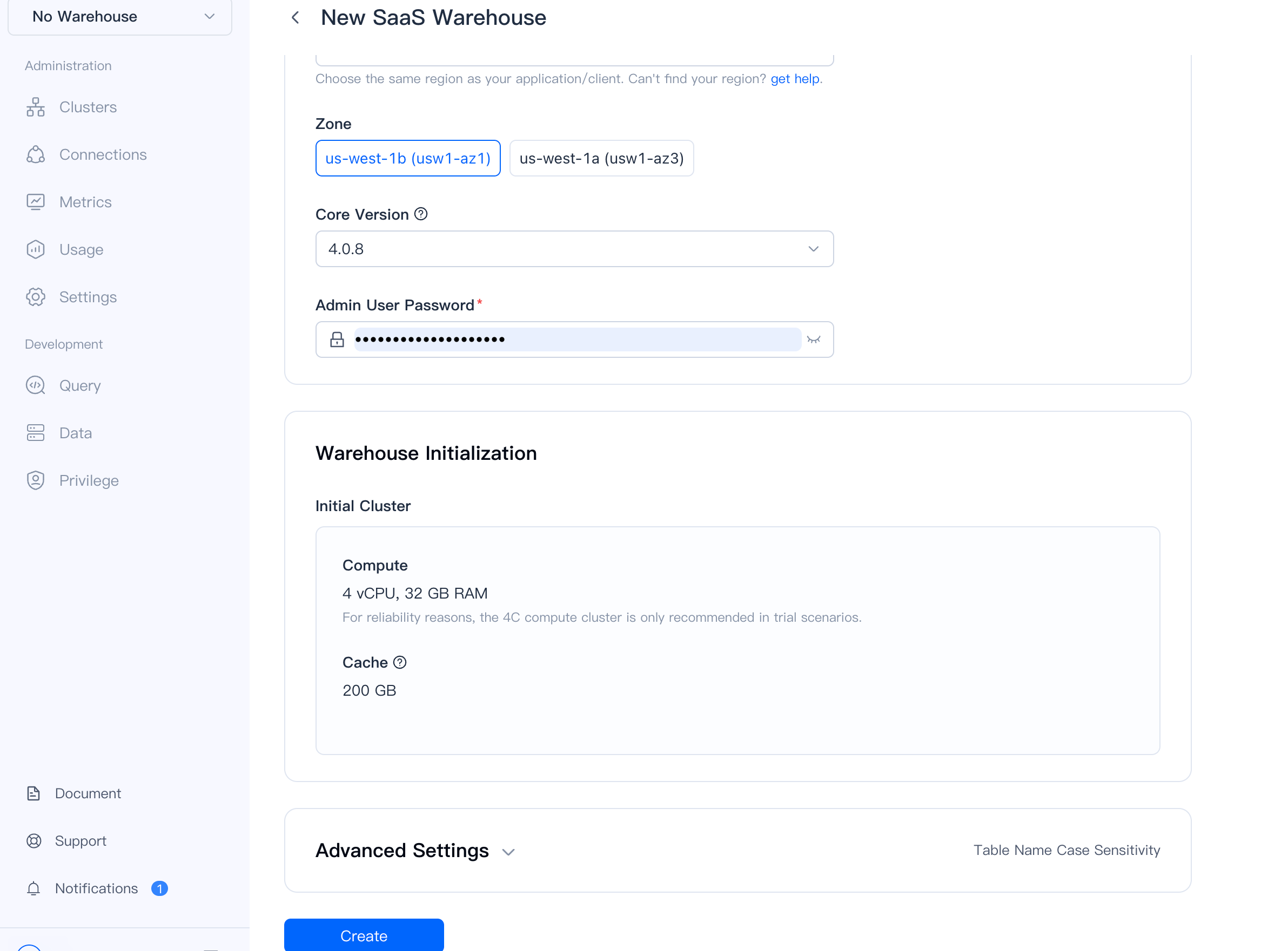 Warehouse initialization settings
