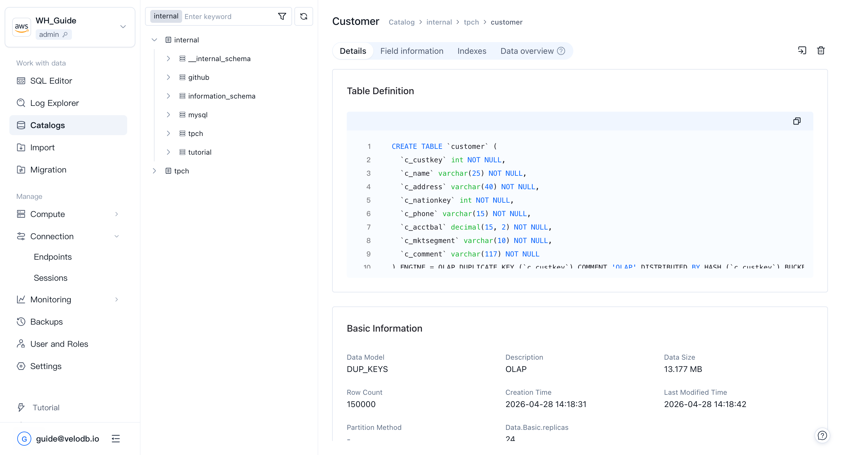 data internal table details