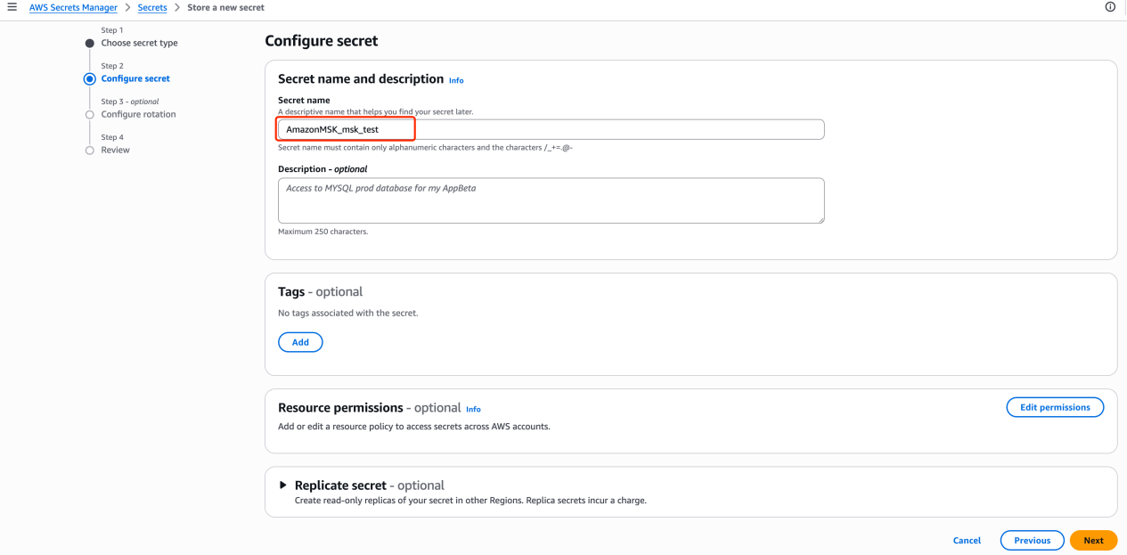 Create secret — set name with AmazonMSK_ prefix