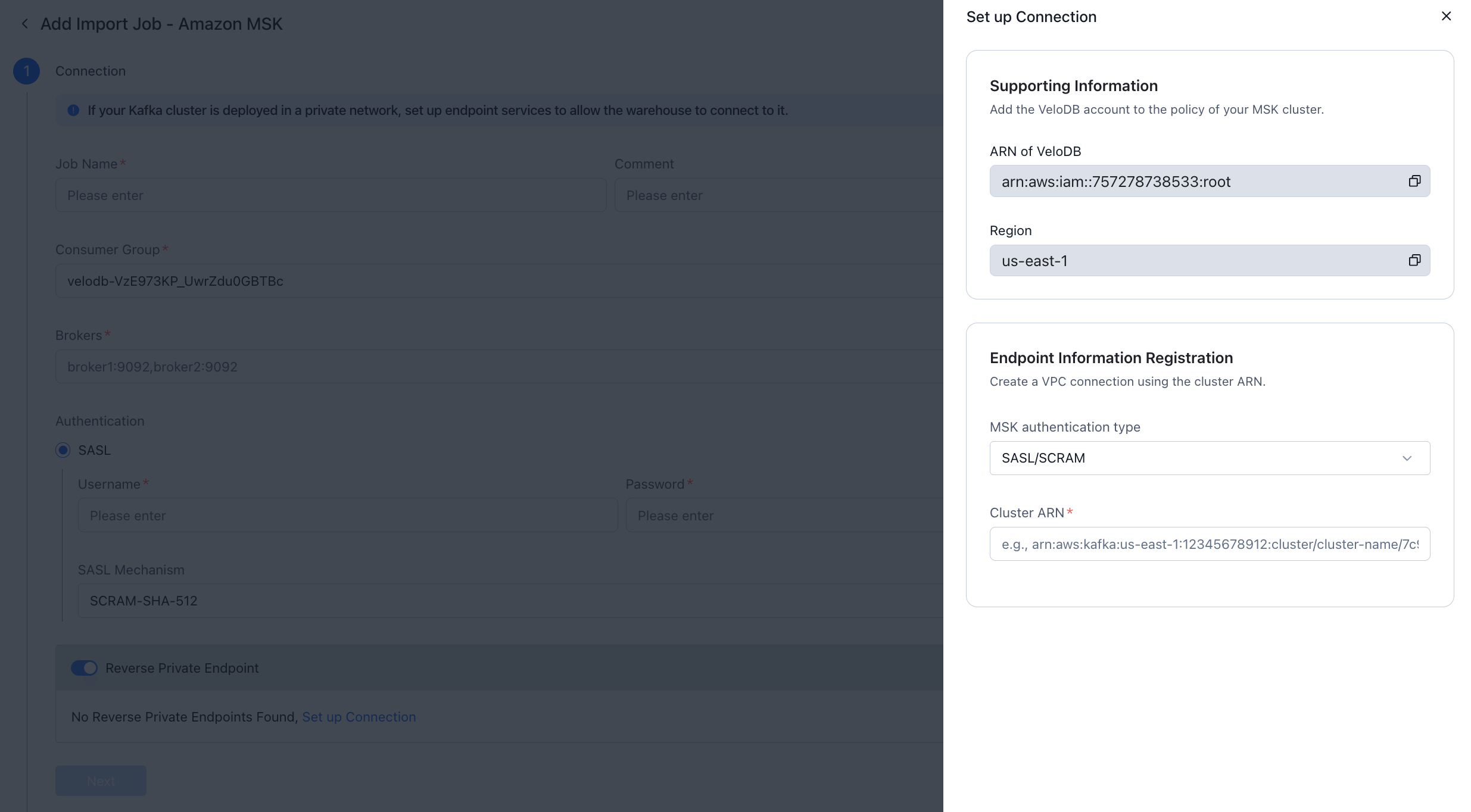 Set up Connection — enter MSK cluster ARN