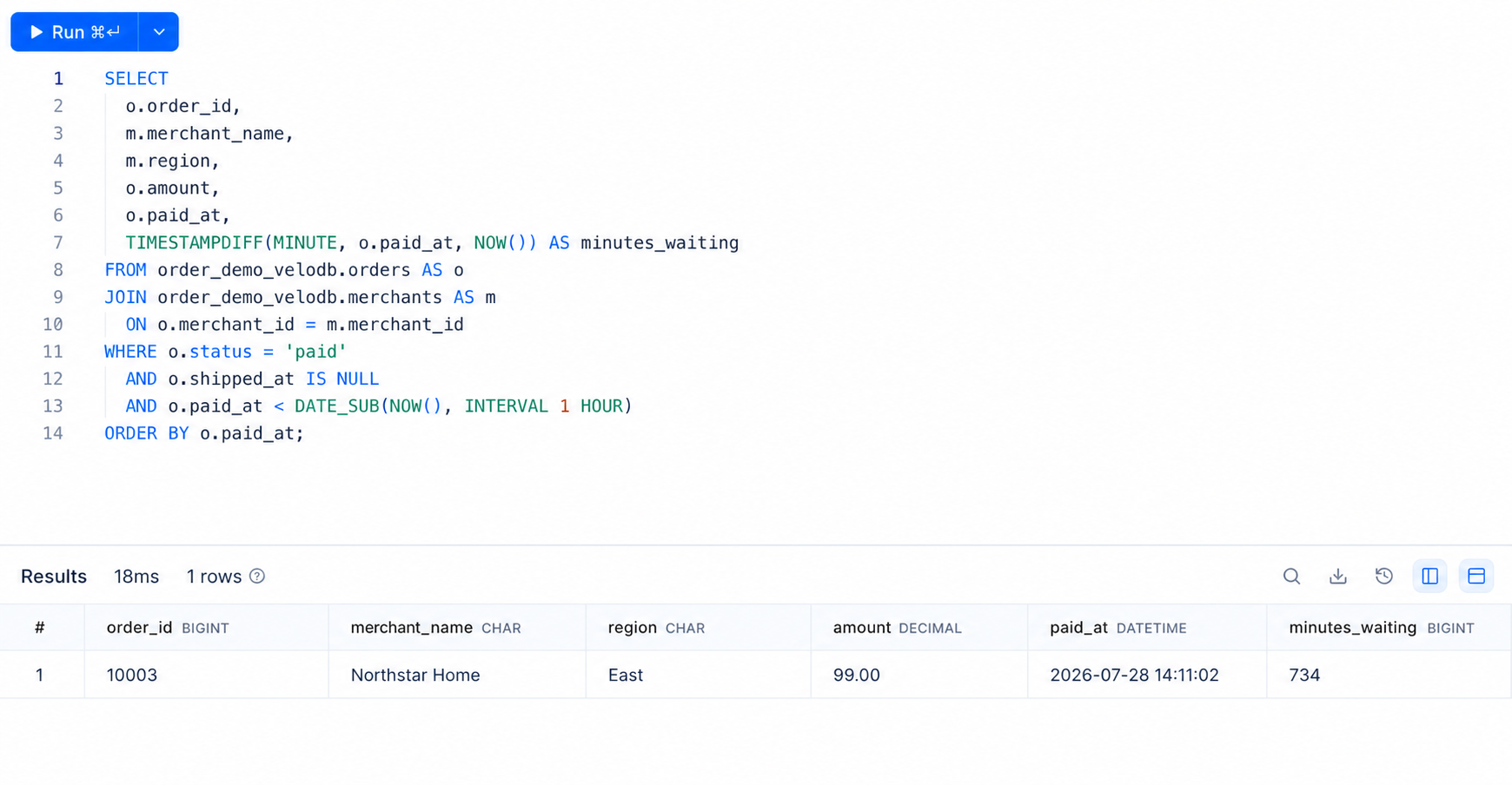 The VeloDB query returns one overdue order after order 10001 is shipped.