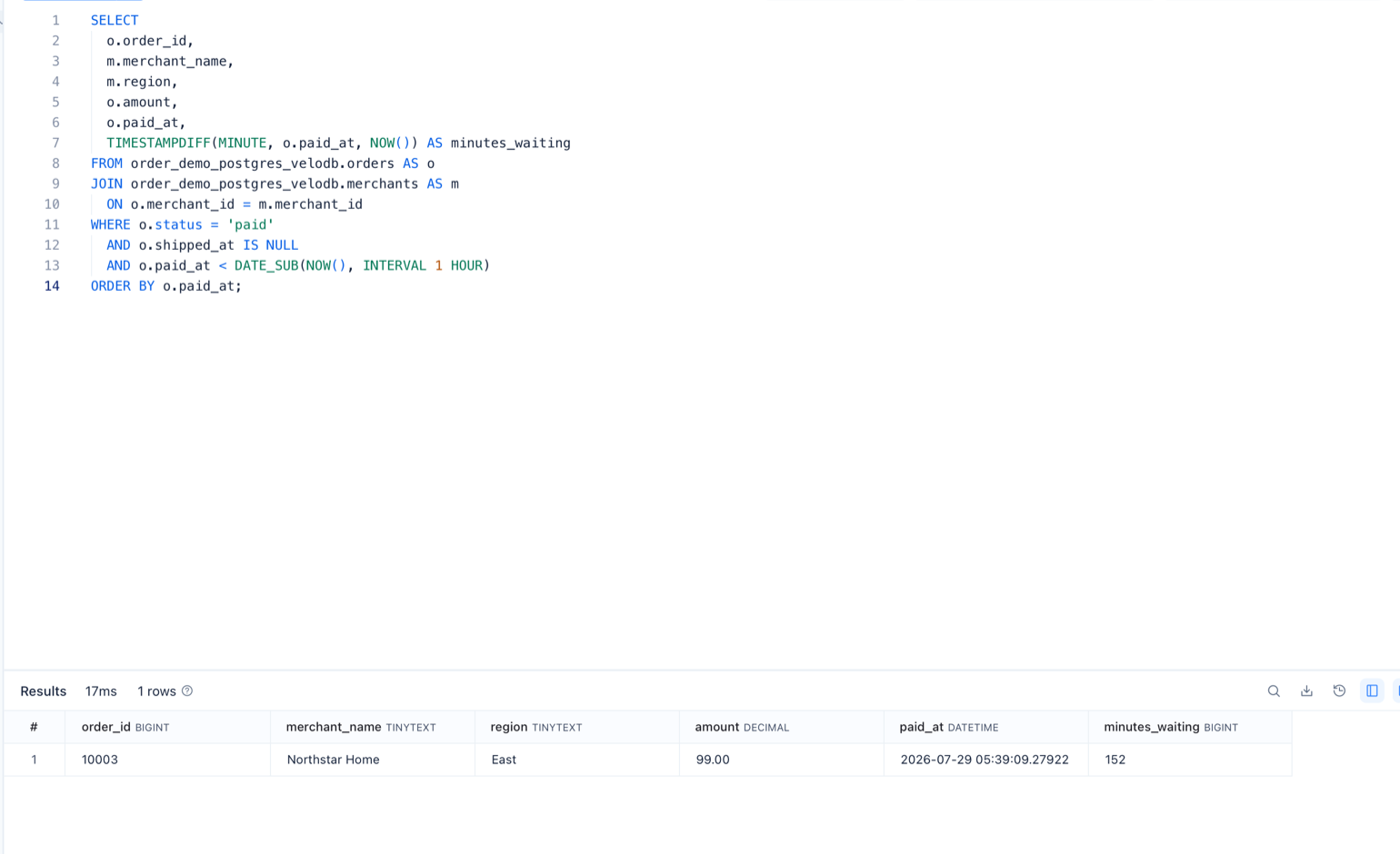 The VeloDB query returns one overdue order after order 10001 is shipped.
