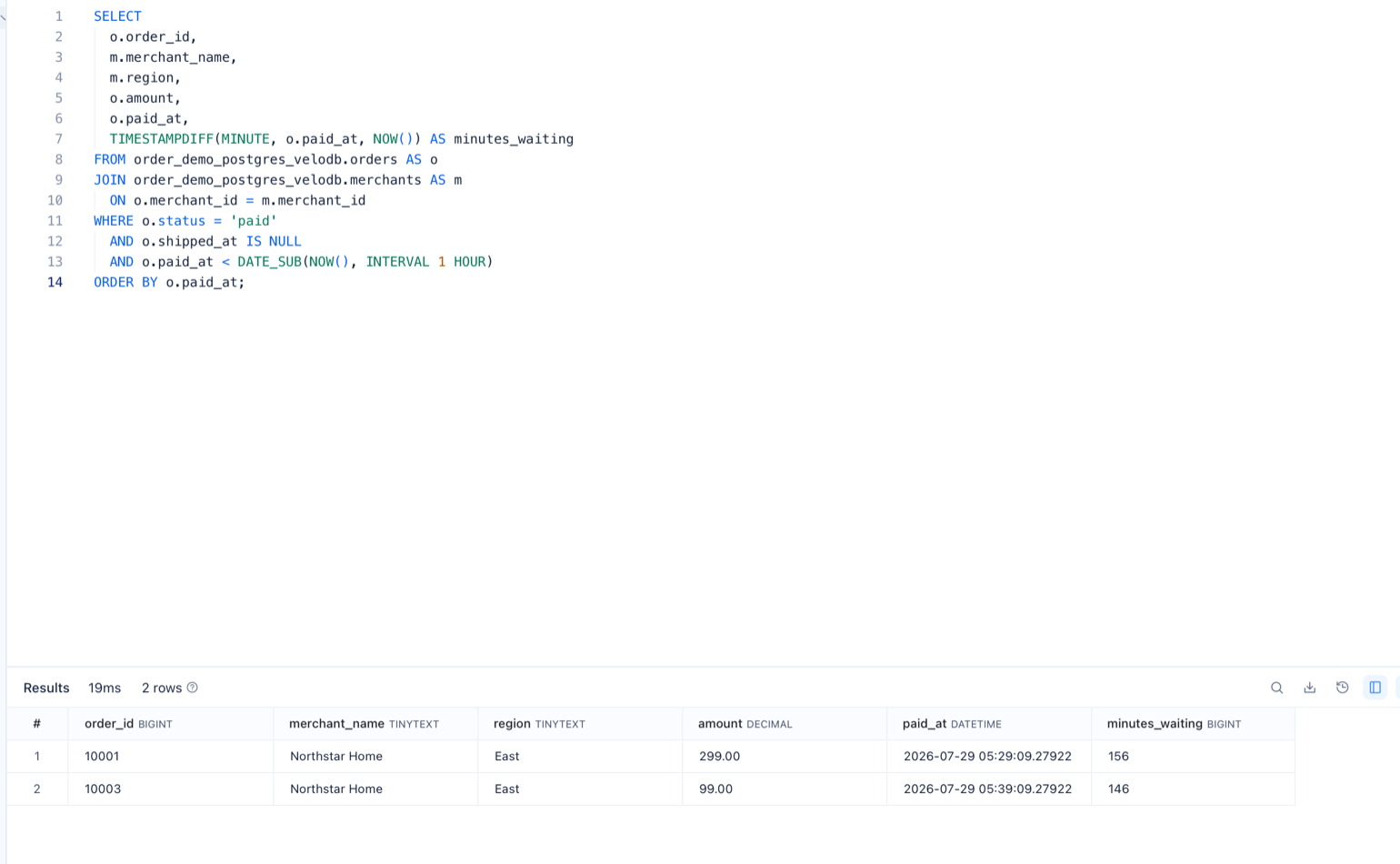 The VeloDB query returns two overdue orders before the PostgreSQL source update.