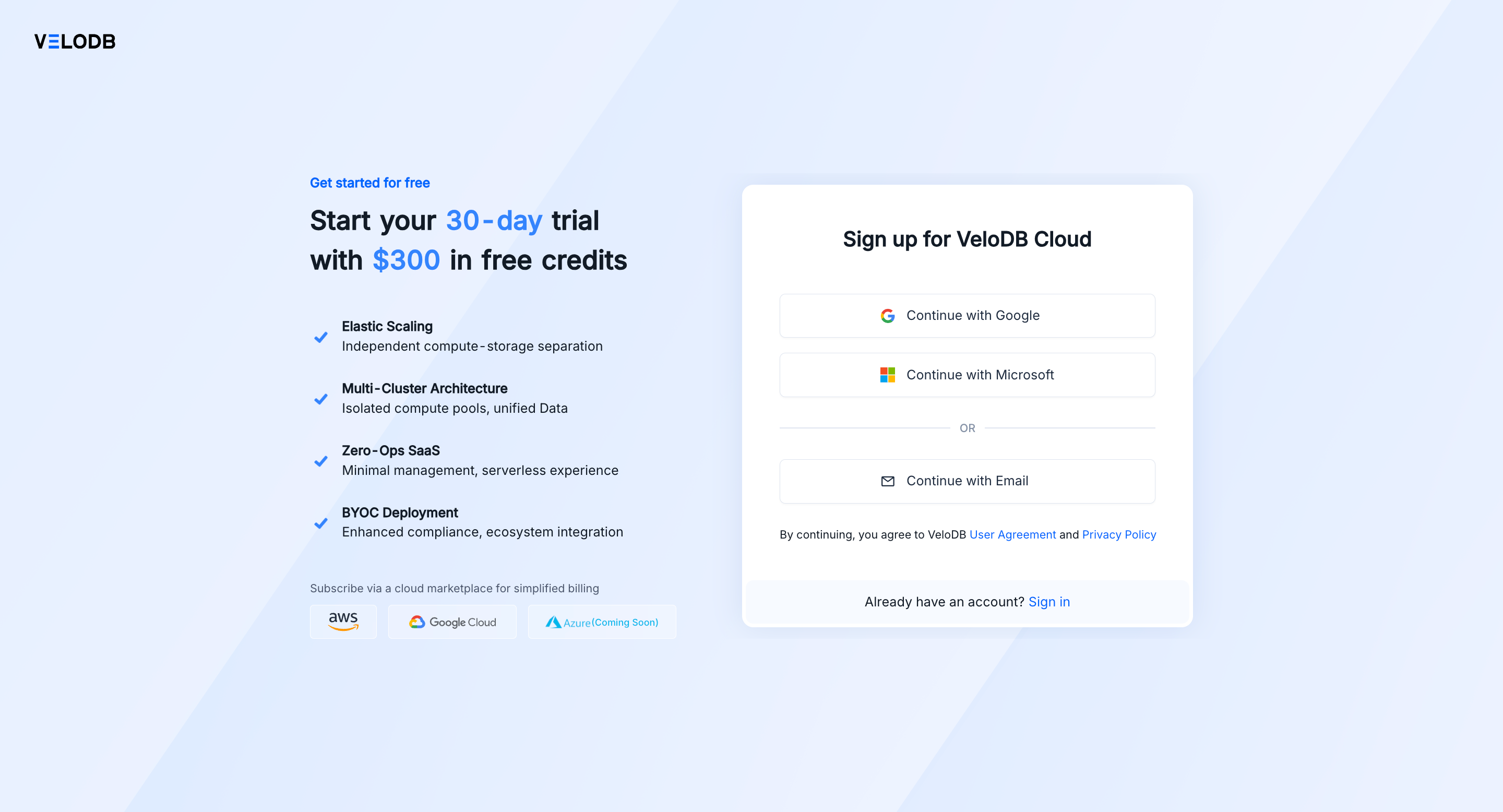 Sign up for VeloDB Cloud