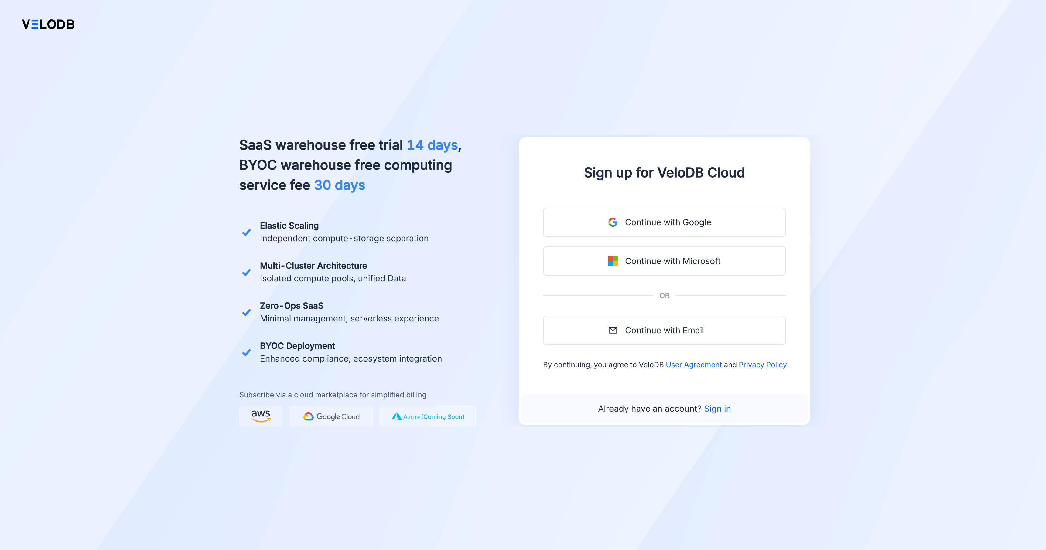 Sign up for VeloDB Cloud