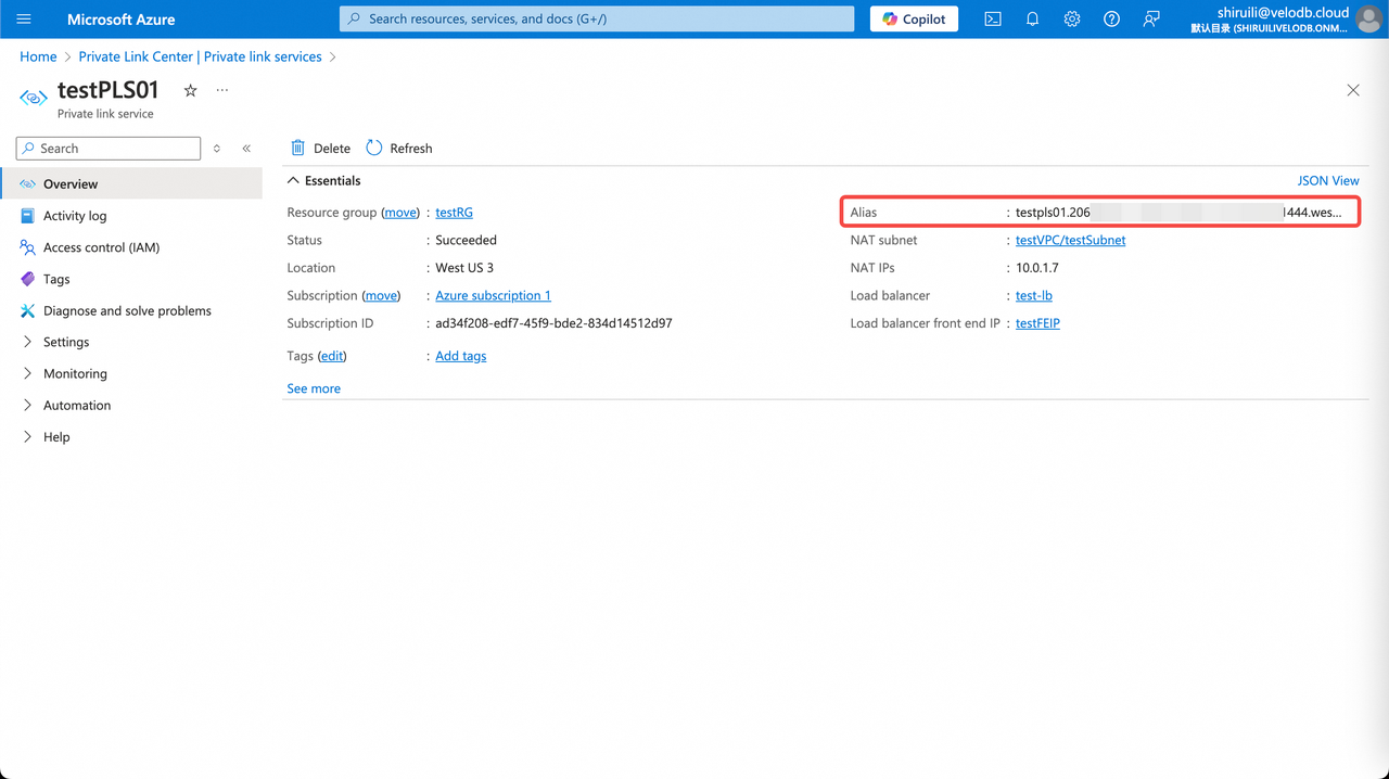 azure velodb access vpc 9 2