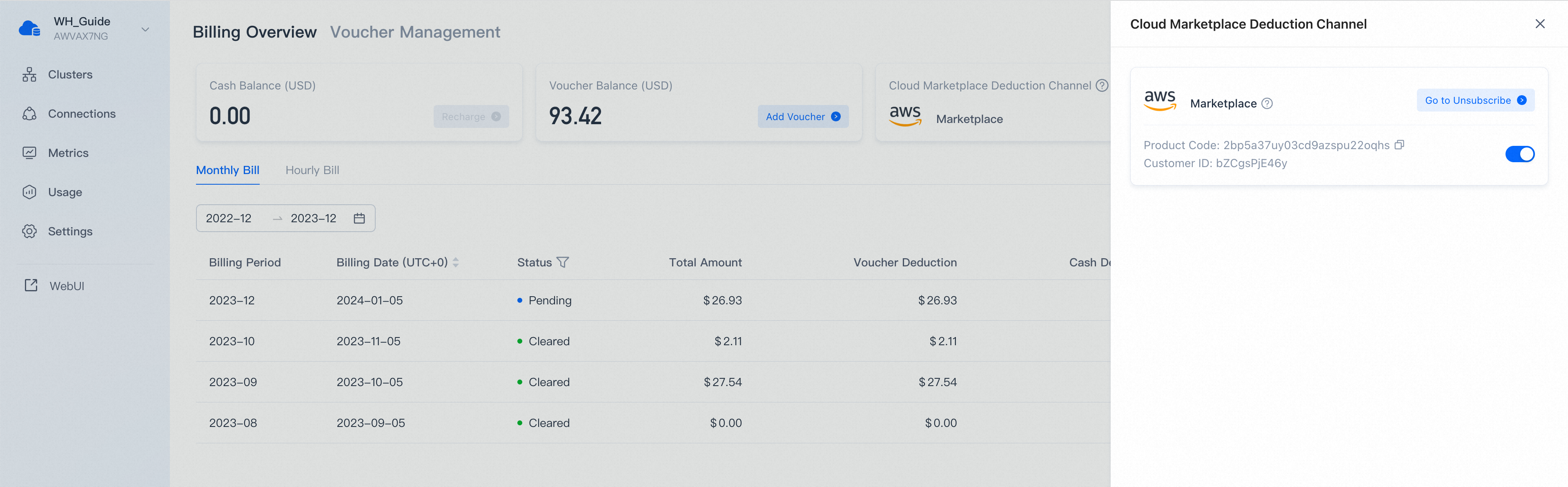 billing overview opened cloud marketplace deduction channel