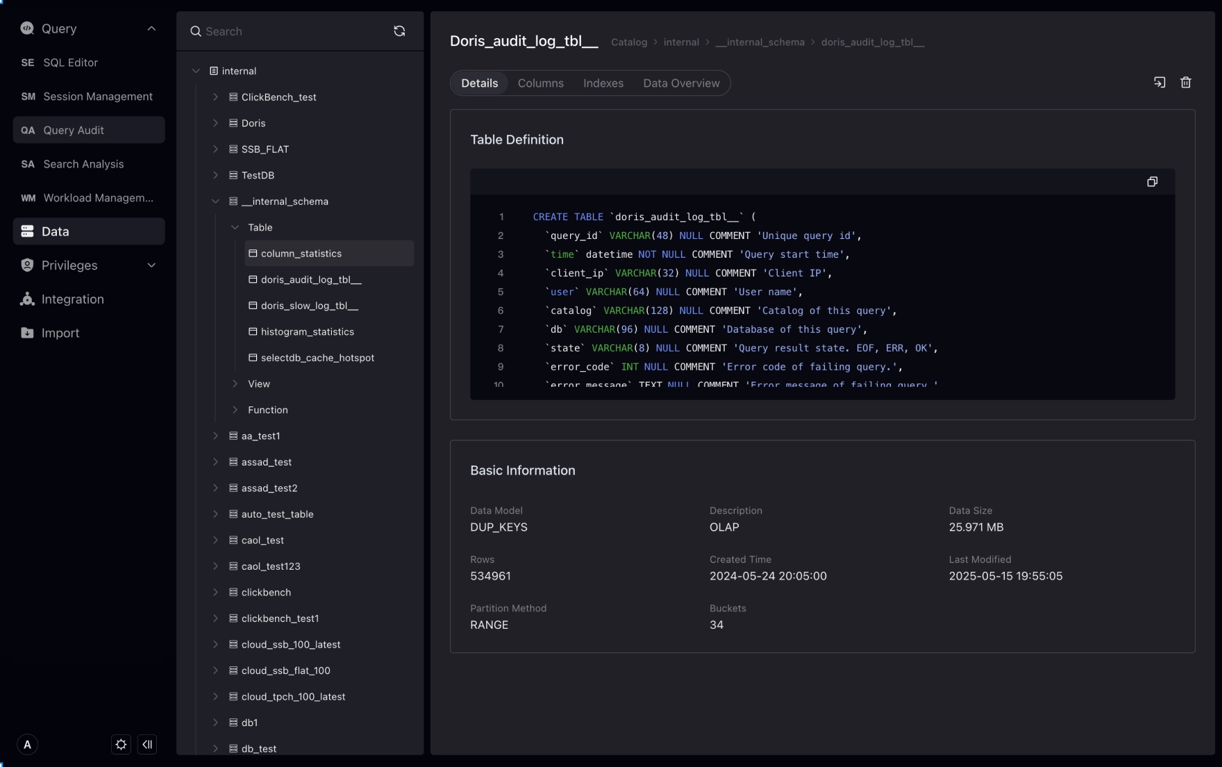 data internal table details