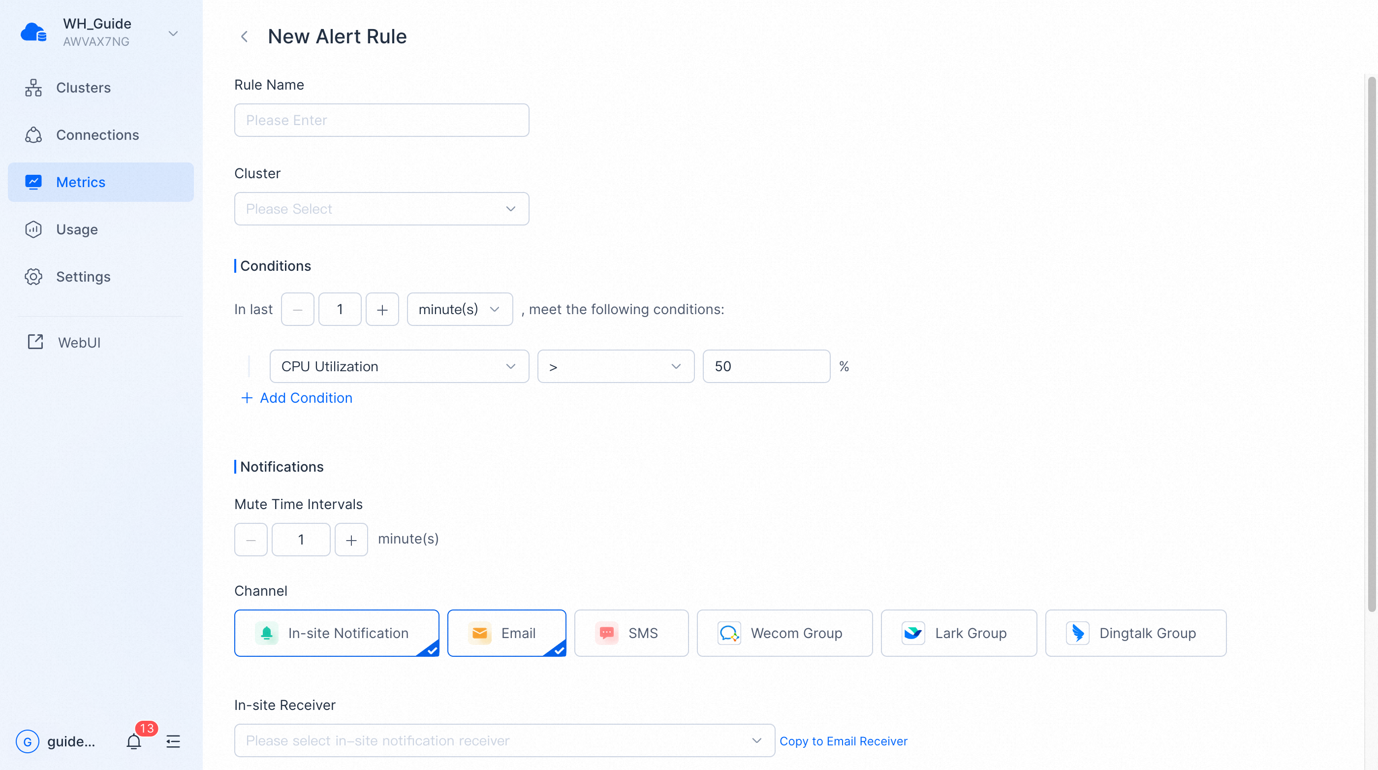 metrics alerts new alert rule