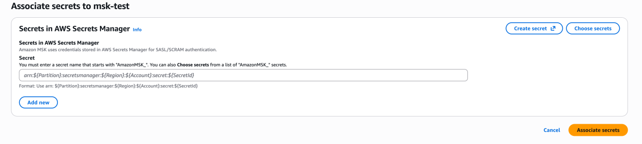 Associate secrets dialog — enter secret ARN