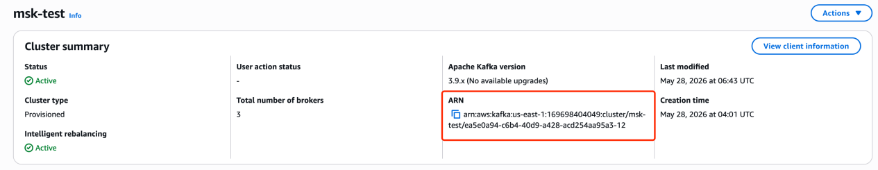 Copy cluster ARN from cluster summary