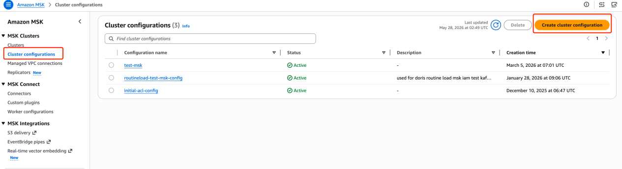 MSK cluster configurations list