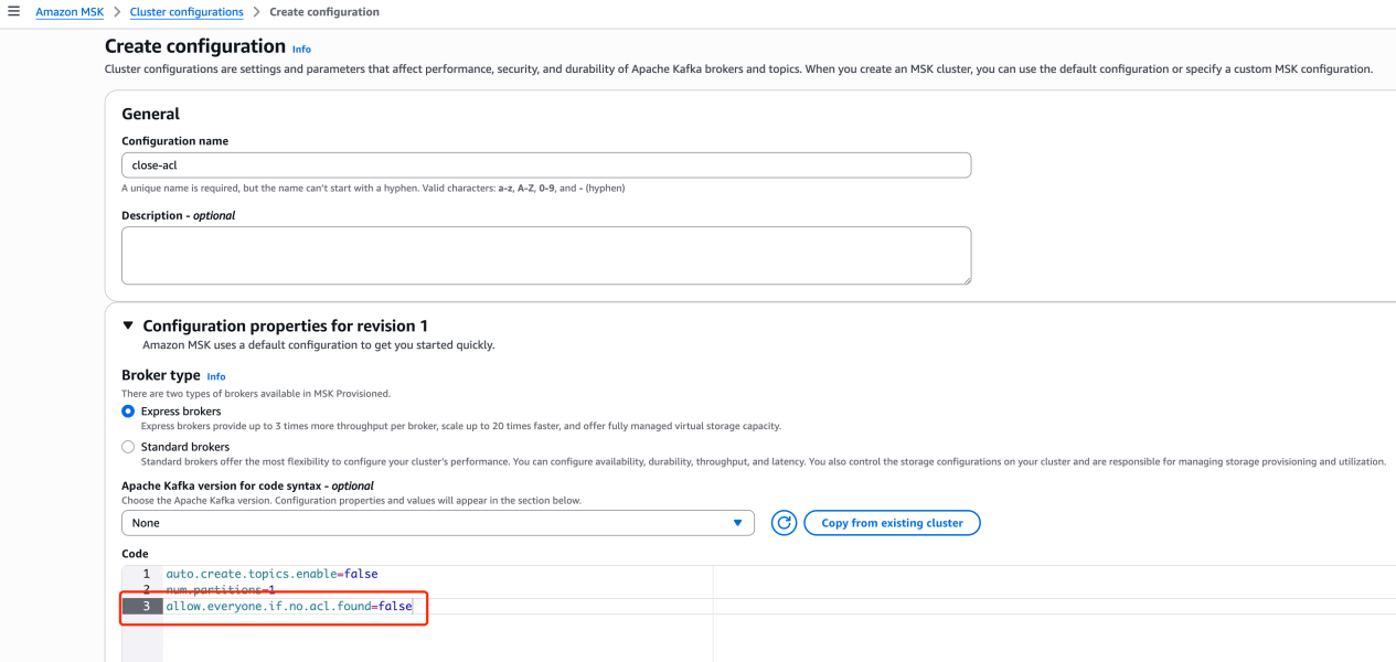 Create MSK configuration with ACL disabled
