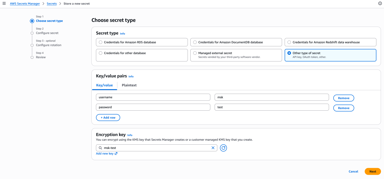 Create secret — choose type and enter credentials