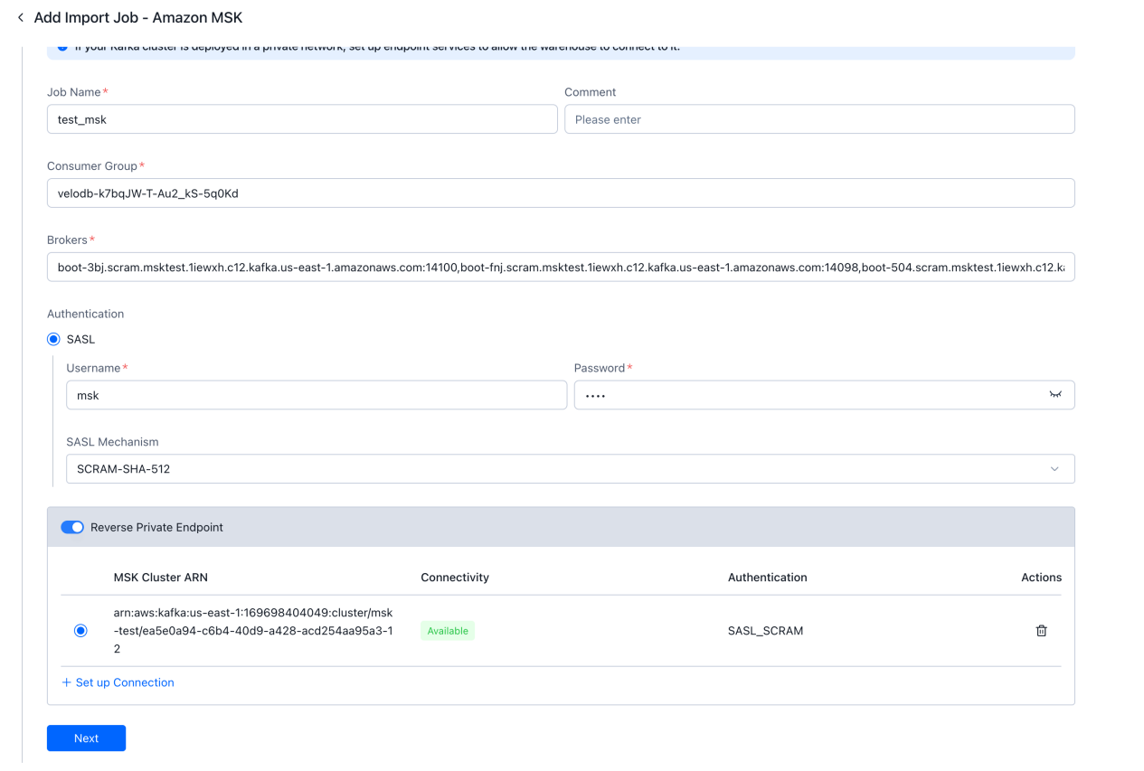 Completed import job form