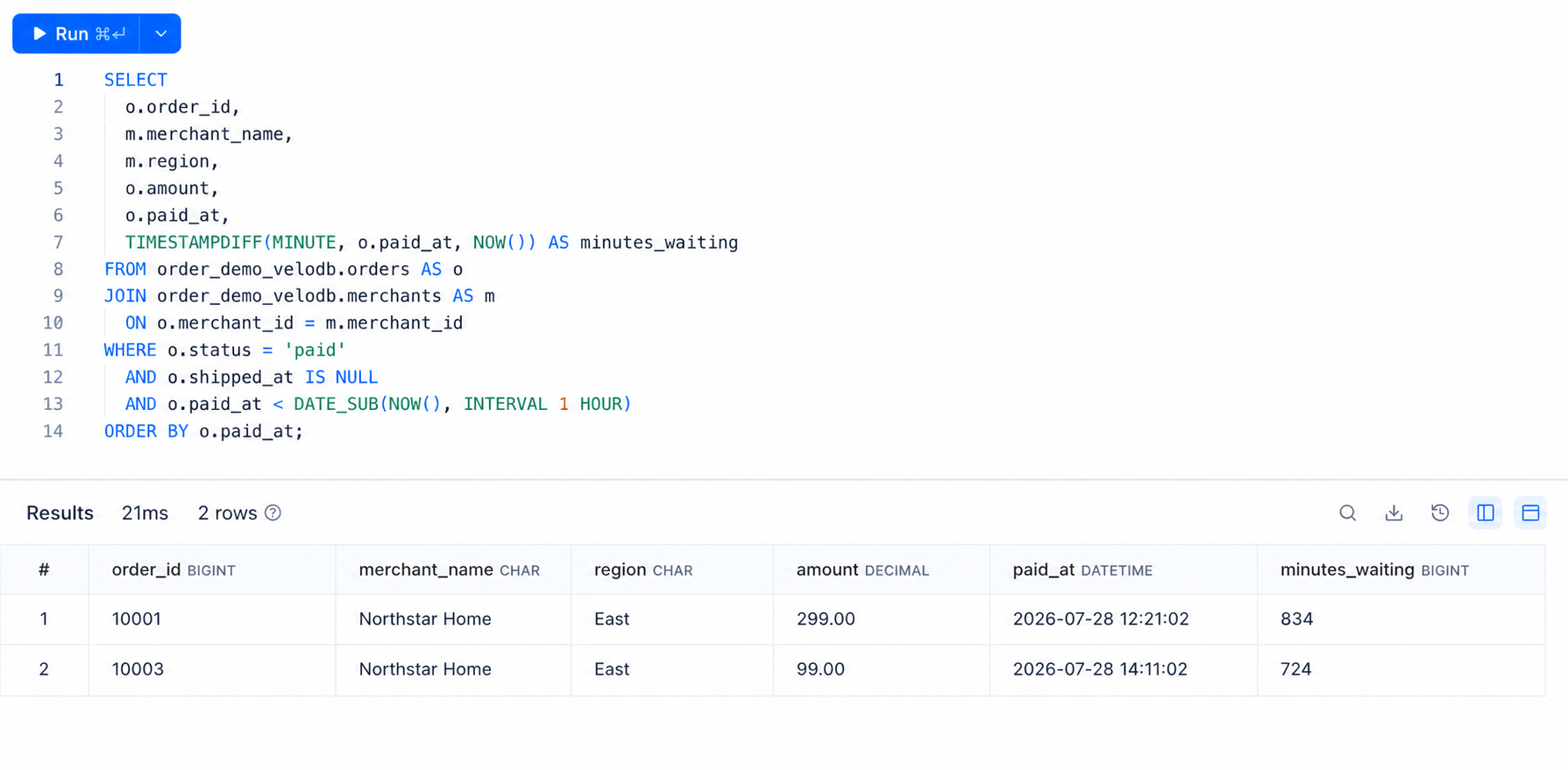 The VeloDB query returns two overdue orders before the source update.