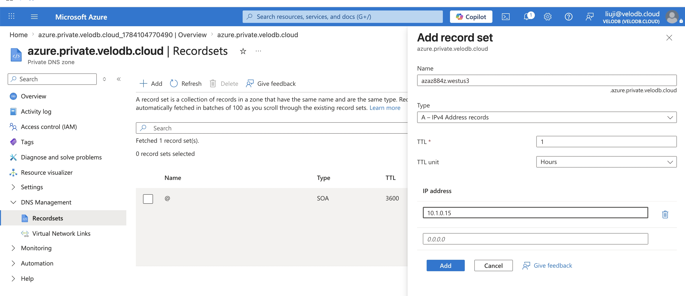 azure private link access velodb 12