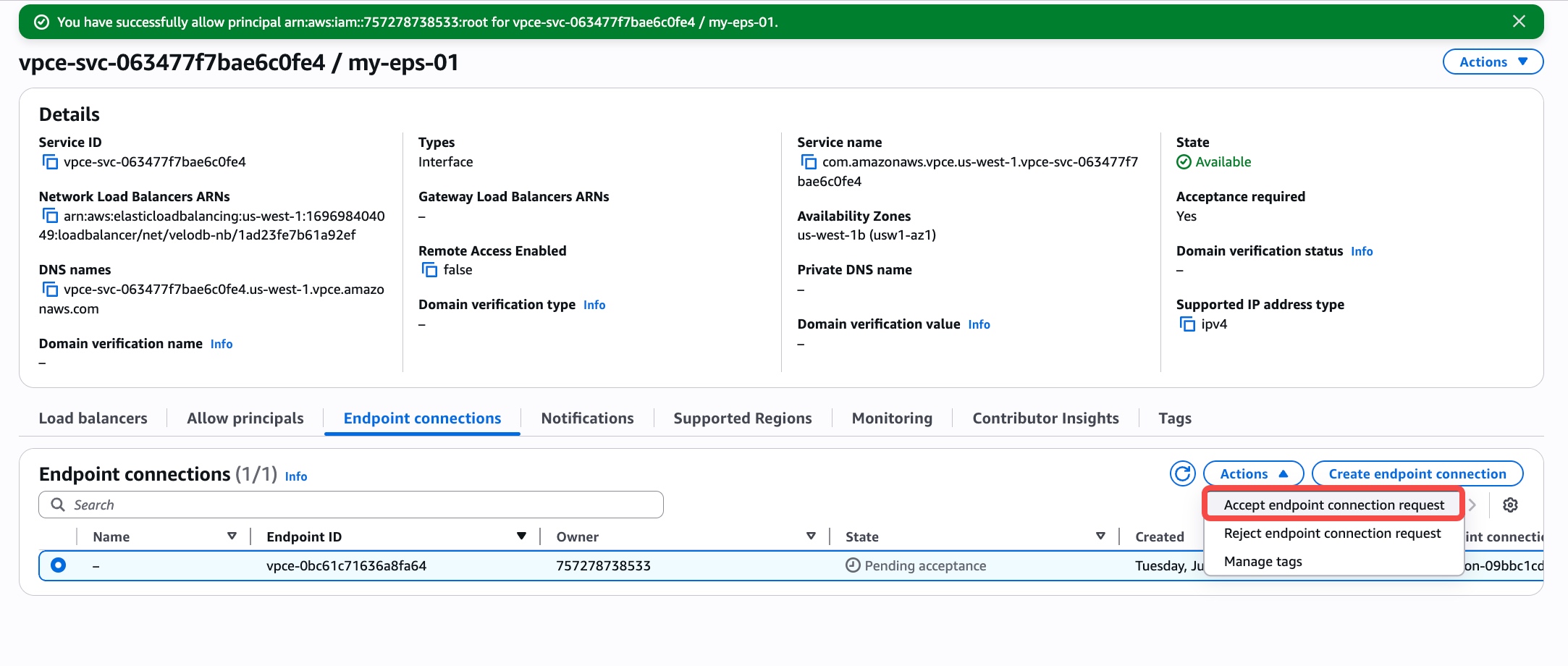 private link velodb acdess user vpc endpoint accept
