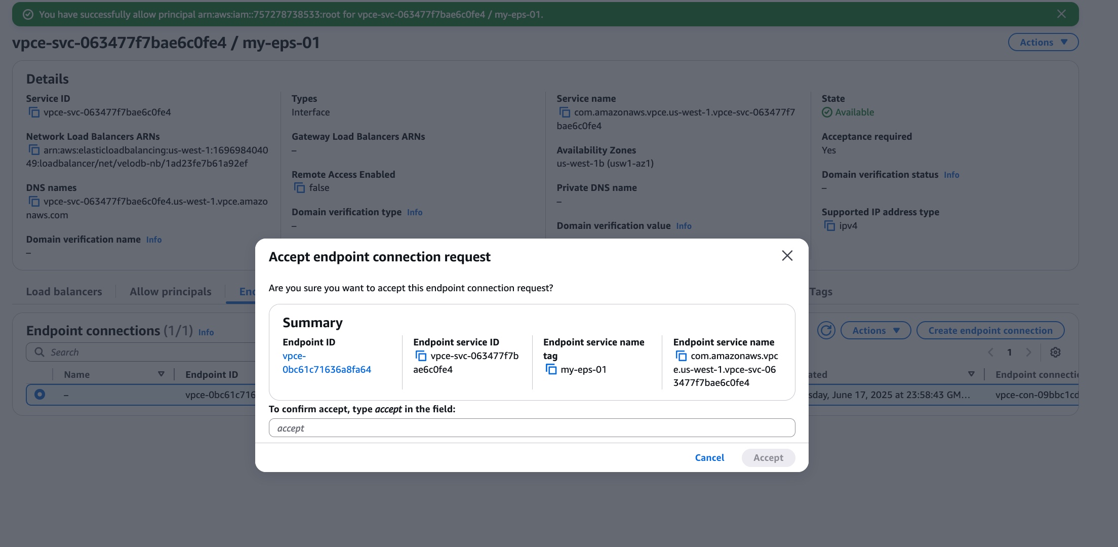 private link velodb acdess user vpc endpoint accept ok