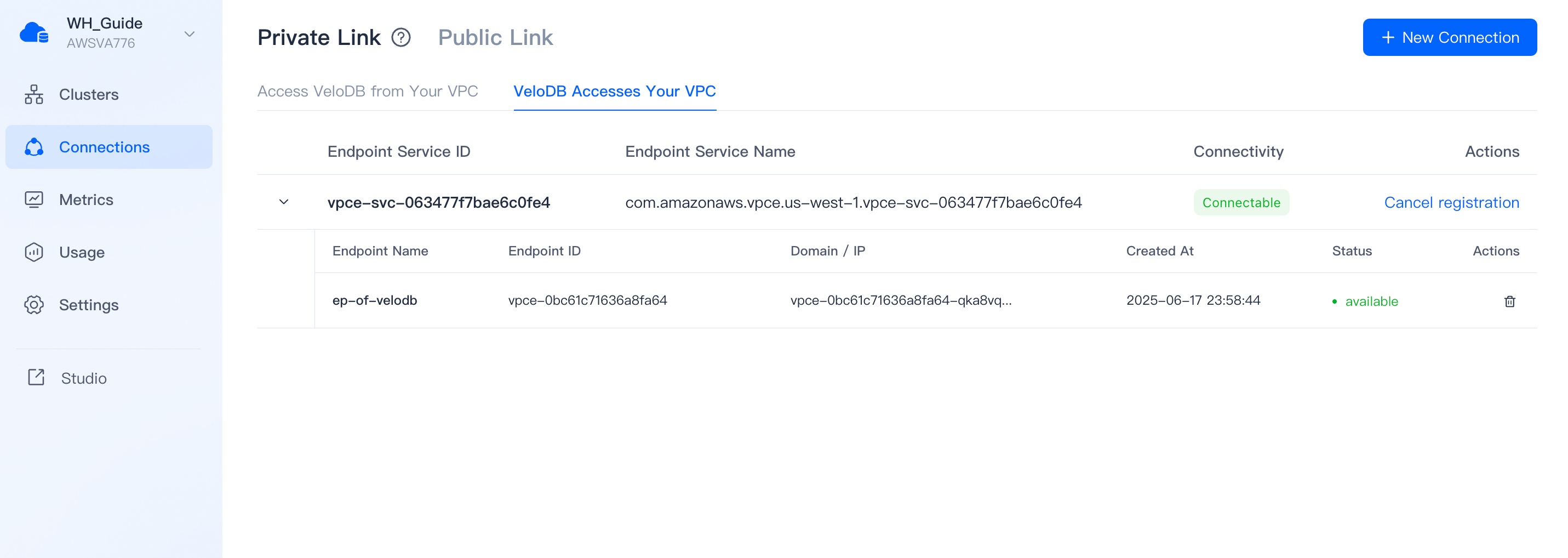 private link velodb acdess user vpc endpoint available