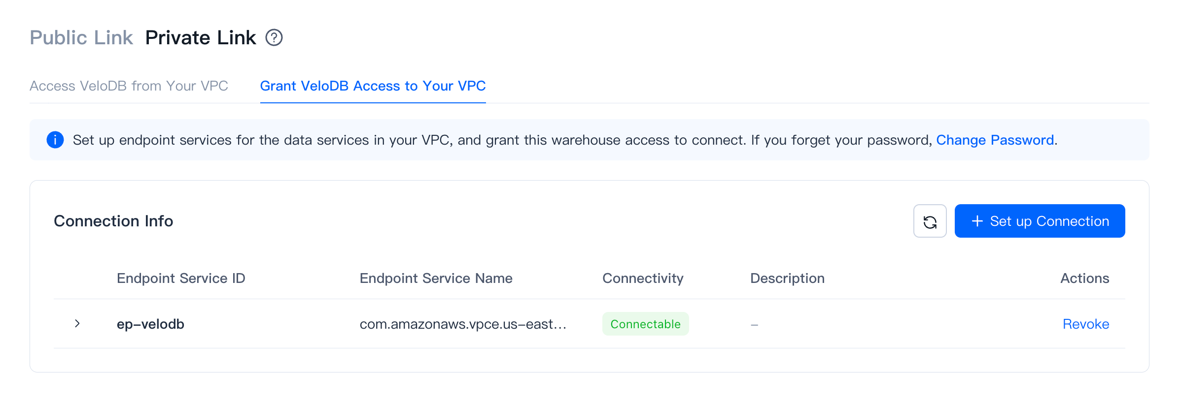 private link velodb acdess user vpc endpoint pendingacceptance
