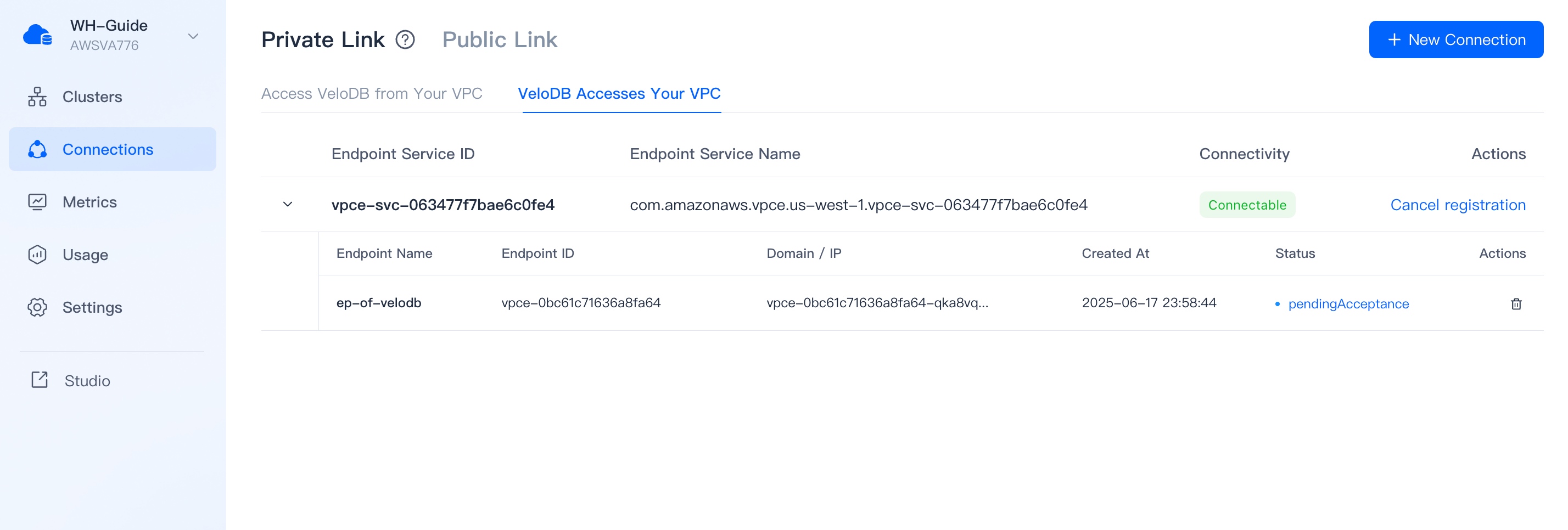 private link velodb acdess user vpc endpoint pendingacceptance