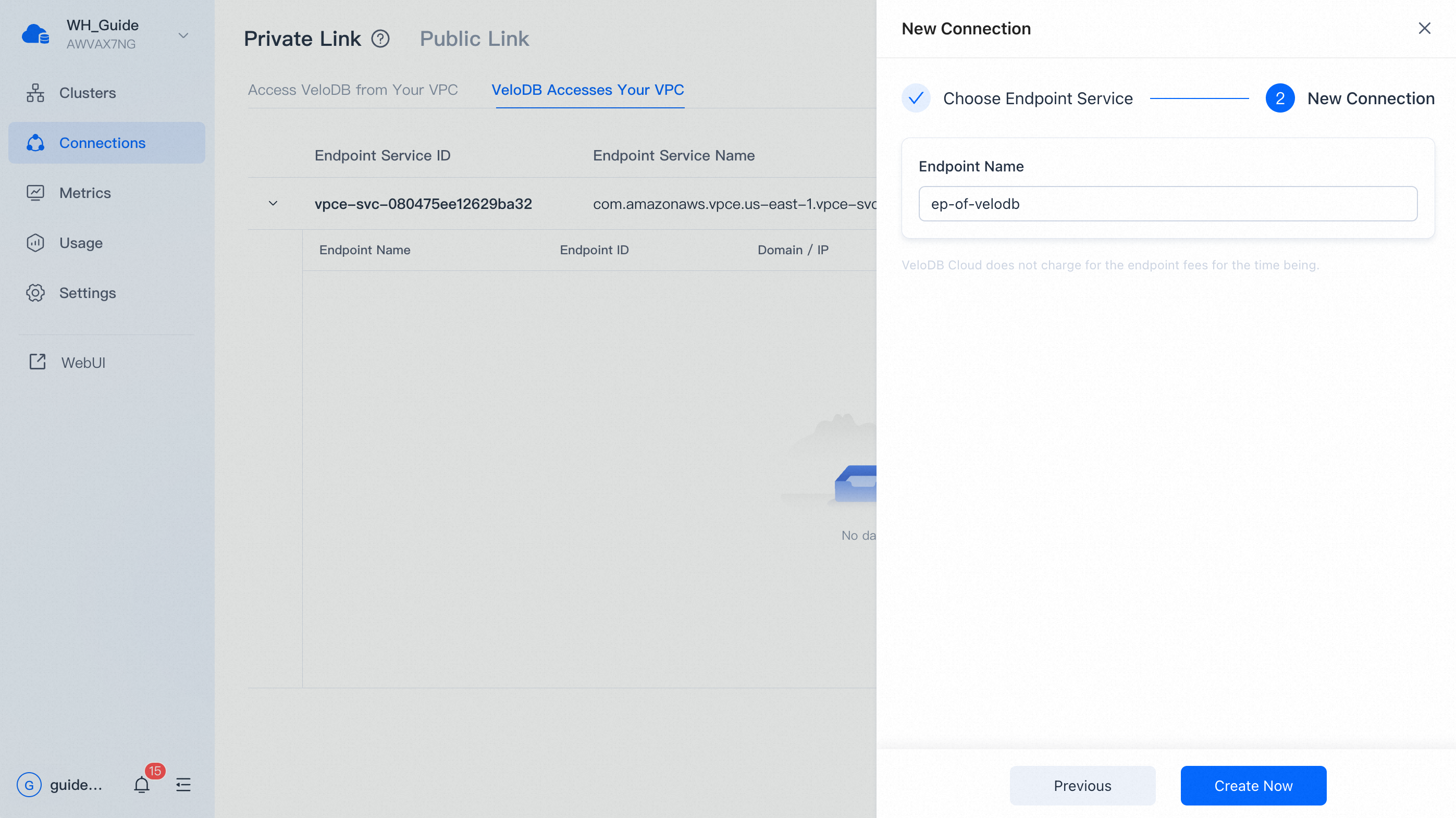 private link velodb acdess user vpc new connection create endpoint
