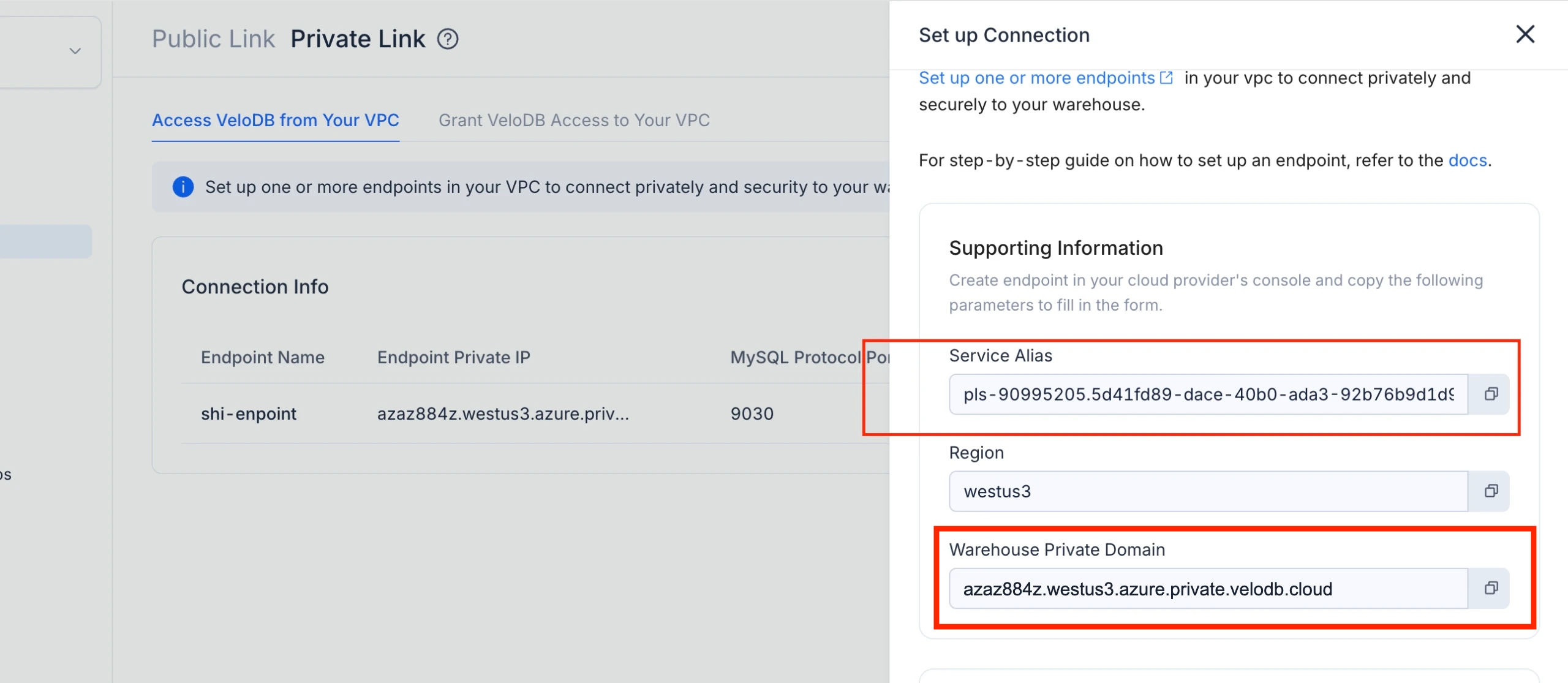 azure private link access velodb 12