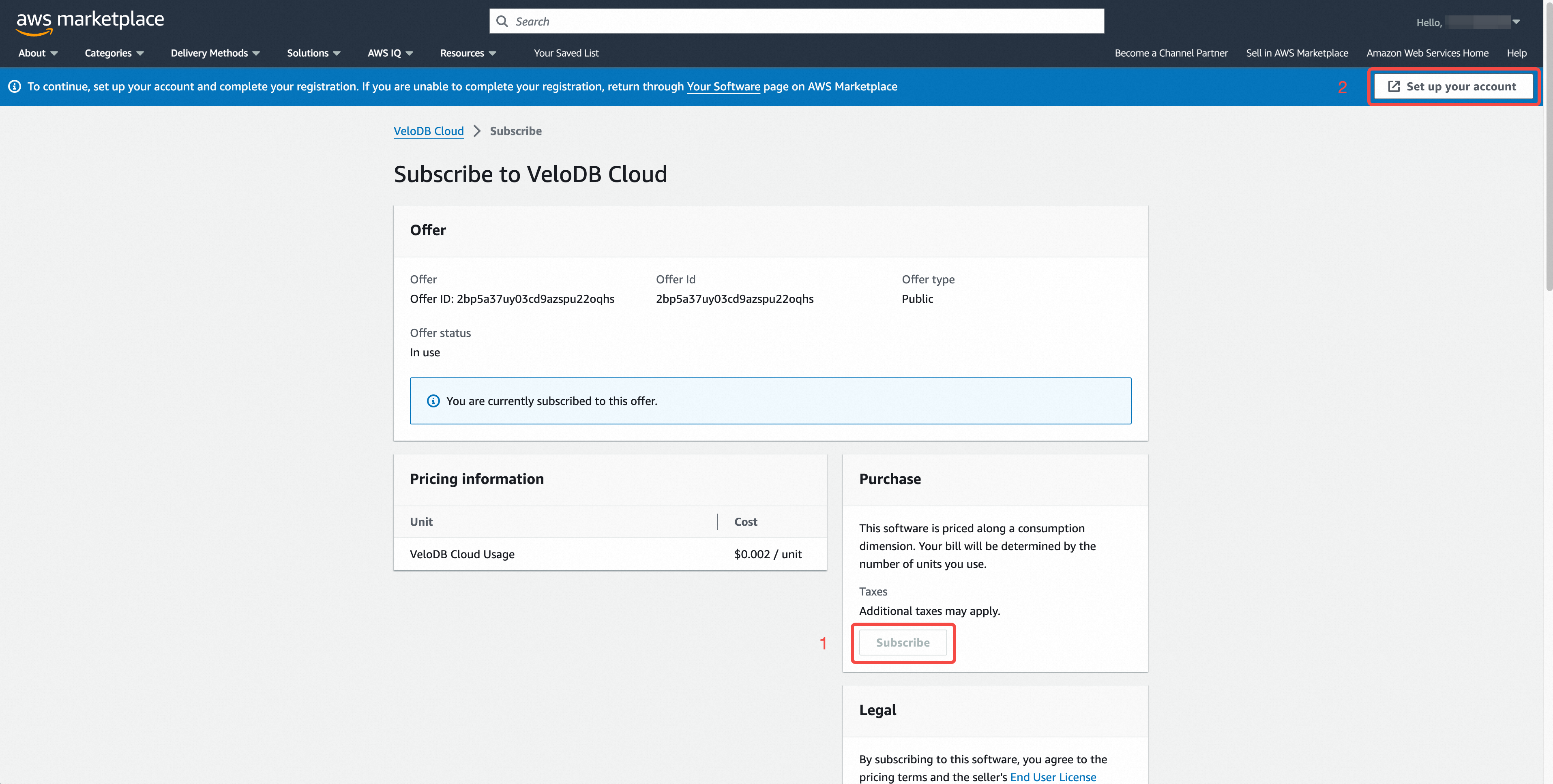 subscribe to velodb cloud on aws marketplace