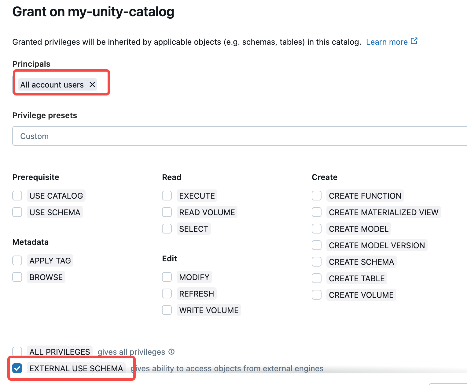 Grant EXTERNAL USE SCHEMA permission to all account users in Unity カタログ