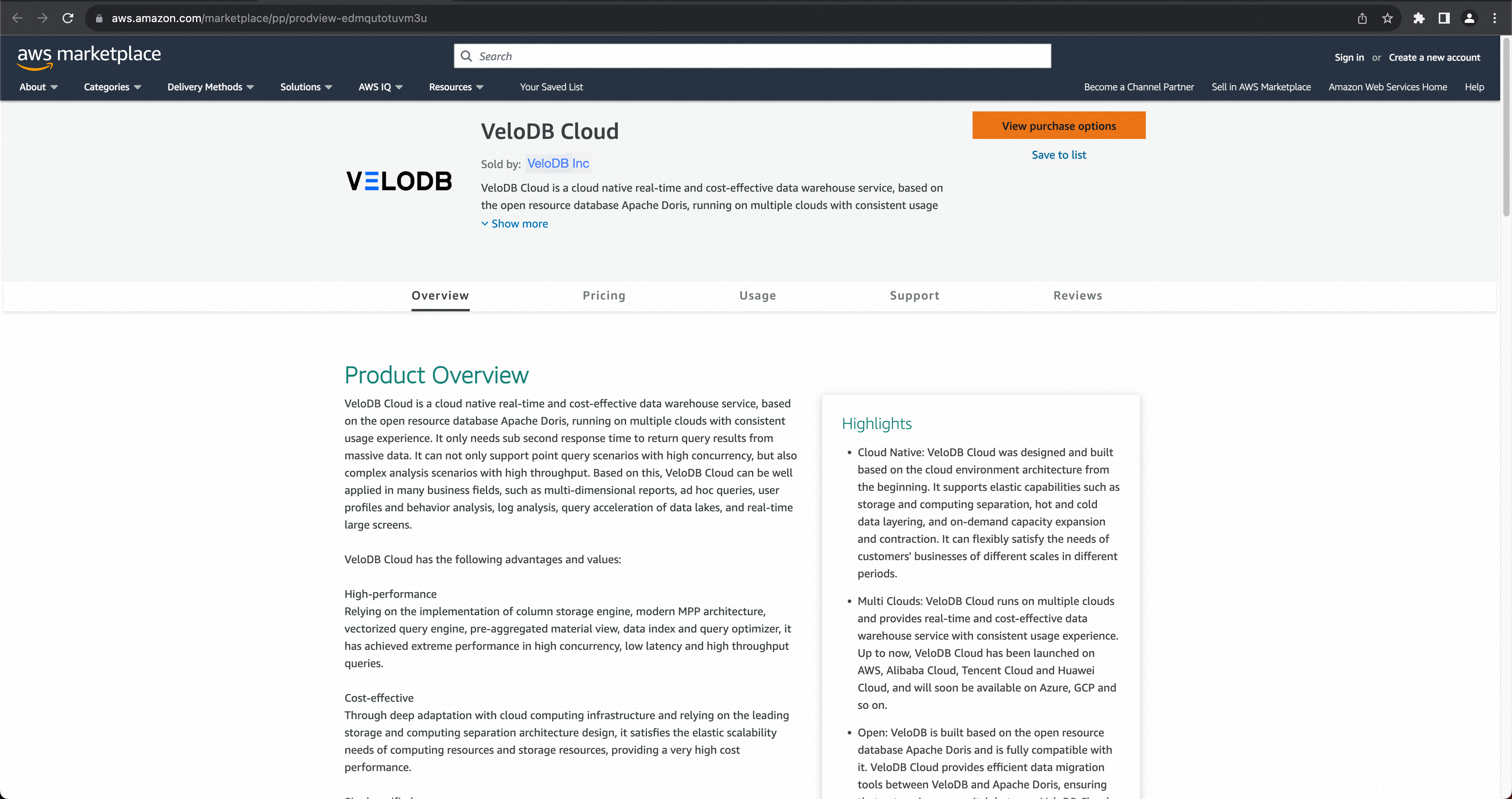 velodb cloud on aws marketplace